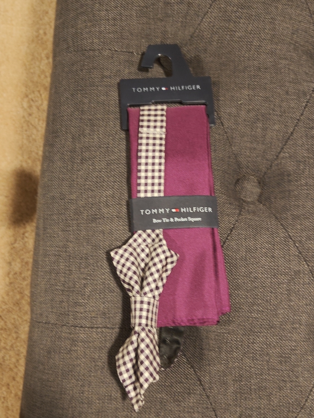 Tommy Hilfiger Purple Solid Pocket Square with Check Bow Tie Set